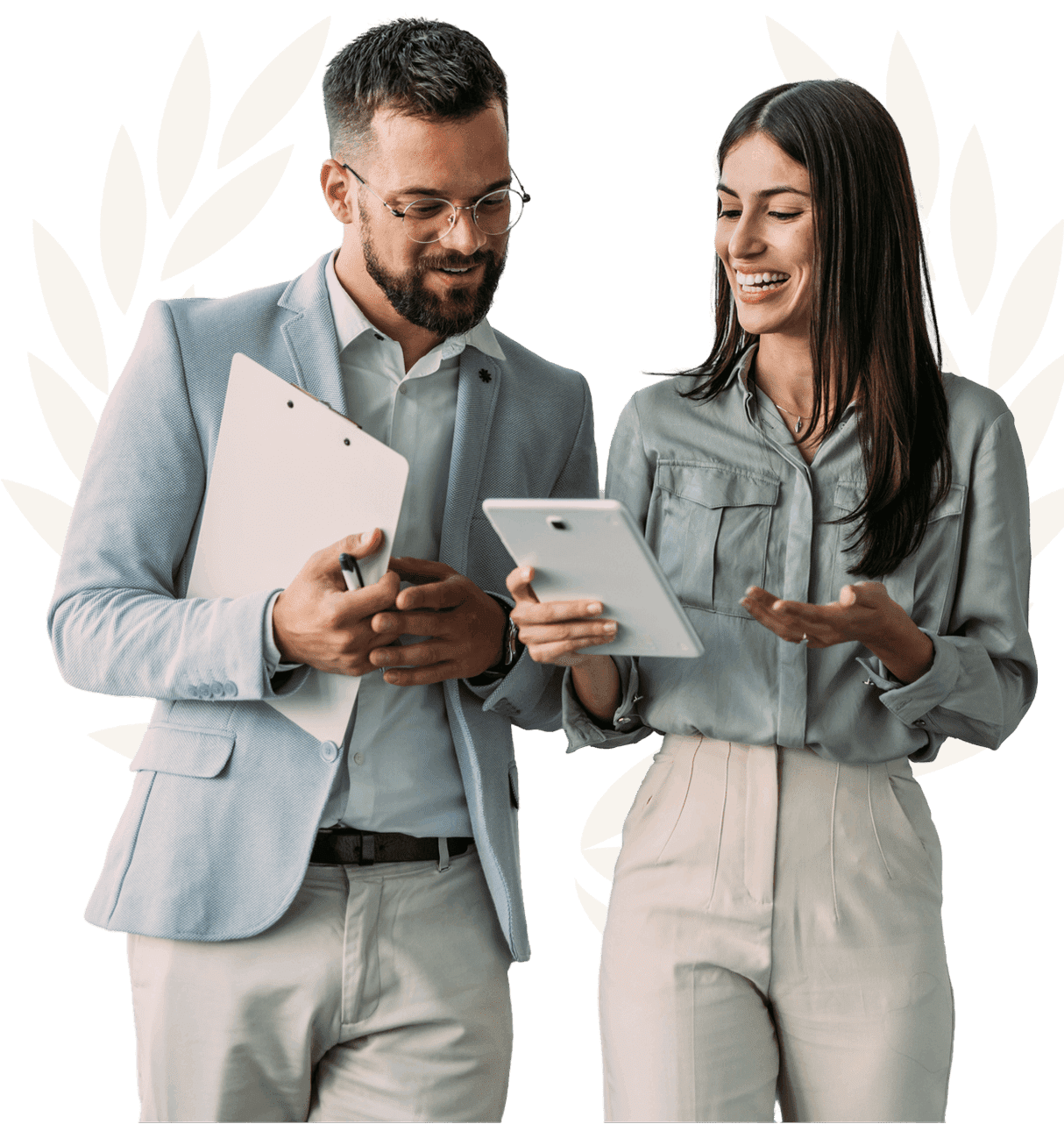 Two people standing next to each other holding a tablet.
